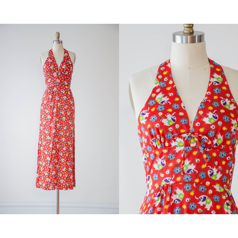 Vintage Halter Maxi Dress Elephant Novelty Print XS Red Boho Hippie 70s 60s